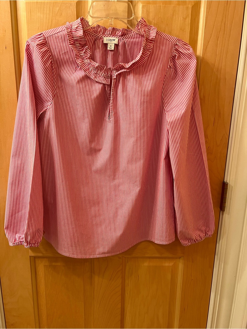 J. Crew Red and White Pinstripe Ruffle-Neck Long-Sleeve Blouse